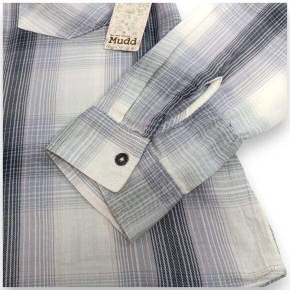 MUDD-Women's-Plaid-Gray-Black-Pink-SMALL-pullover-V Neck-Long Sleeve-Pockets - Picture 8 of 16